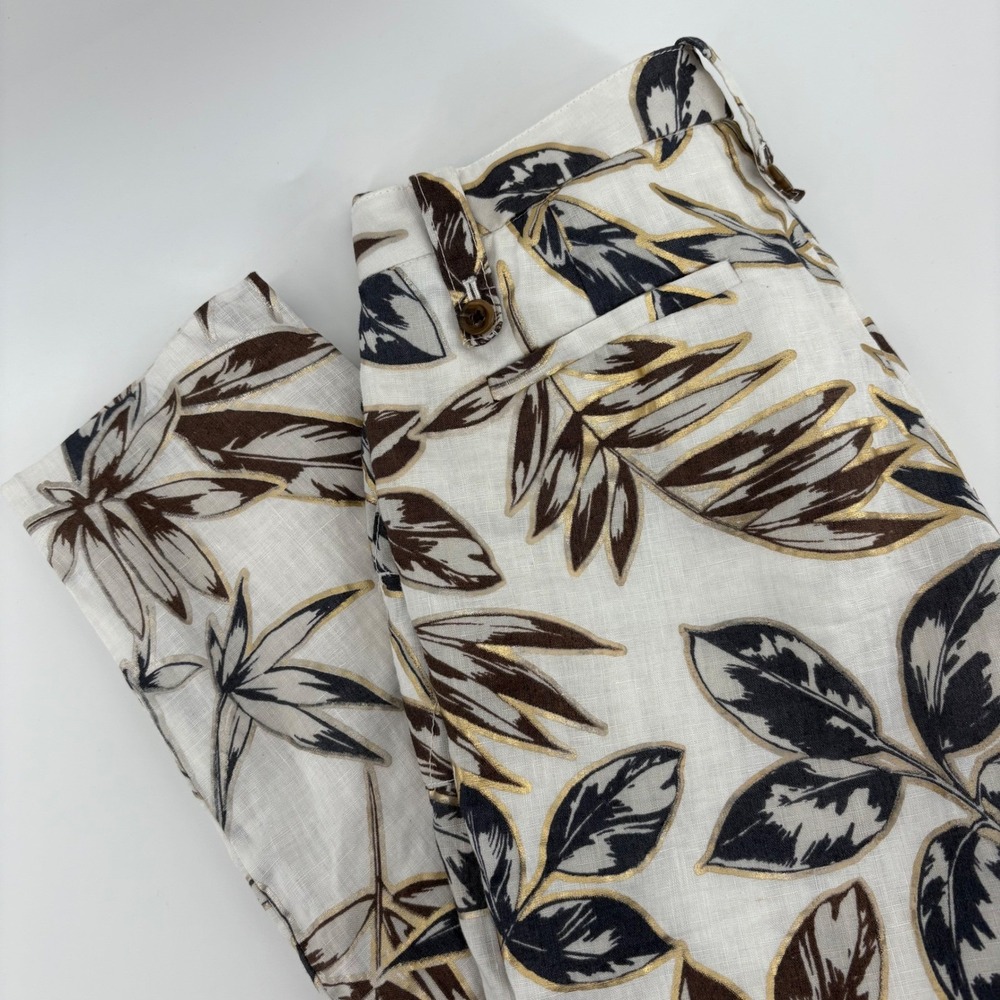 J.Crew 00 Linen Gold Metallic Leaf Garden Print Pants Women Casual Gauzy